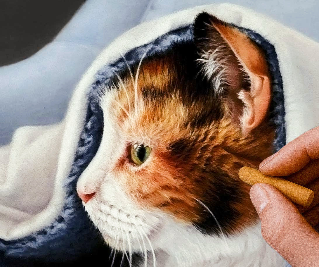 Hyper-realistic pastel portrait of Calico cat in progress
