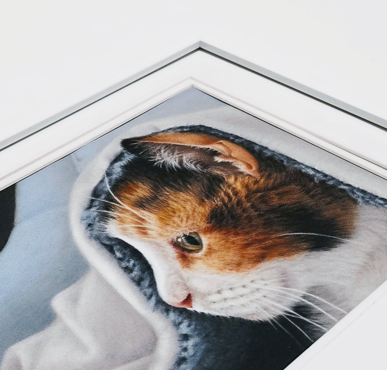 Close-up of a framed hyper-realistic pastel portrait of a cat peeking out from behind a blue blanket.